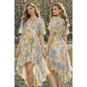 Alexis Floral High Low Dress Sz L Yellow Blue silk Blend Tassel tie Midi Boho